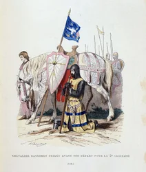 Chevalier banneret priant avant son départ pour la 2ème croisade - gravure