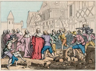 La Fronde (27 août 1648) - barricades à Paris : un garçon roturier menaçant le Président du Parlement, Mathieu Molé (1584-1656) - Président Molé malmené par les insurgés - Gravure de la fin du XIXe siècle dans « Nos Gloires Nationales - Images et récits »