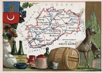 La Haute-Saône (70), Franche-Comté, France. Farine, eaux minérales de Luxeuil, kirsch. Série sur les départements français. Chromolithographie « le fil géographique », vers 1920. Collection privée.