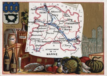 La Marne (51) en Champagne-Ardenne, France. Spécialités locales : champagne et la Cathédrale de Reims. Série sur les départements français. Chromolithographie « le fil géographique », vers 1920. Collection privée.