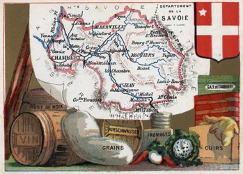 La Savoie (73), Rhône-Alpes, France. Série sur les départements français. Spécialité locale : huile de noix, vin, grains, kirsch, fromage, gaze de Chambéry et cuir. Chromolithographie « le fil géographique », vers 1920. Collection privée