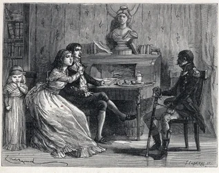 La Terreur pendant la Révolution française : Camille Desmoulins (1760-1794), emprisonné, reçoit la visite de sa femme Lucile (1770-1794) et du maréchal Guillaume Brune (1763-1815)