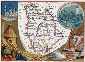 La Vienne (86), Poitou-Charentes, France. Graines, coutellerie et bonneterie de Châtellerault. Série sur les départements français. Chromolithographie « le fil géographique », vers 1920. Collection privée.