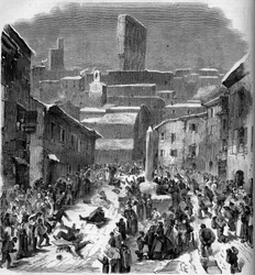 La glissade en barriots (luge) à Bourdeaux, Drôme (26), hiver 1860. Gravure dans « Le Monde Illustré » n°149 du 18 février 1860
