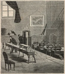 La liquéfaction des gaz dans le laboratoire de Raoul Pictet (1878) - Raoul Pierre Pictet (1846-1929) physicien suisse, mène une expérience pour liquéfier et solidifier le gaz hydrogène, et étudie les propriétés des substances à basse température - Gravure 