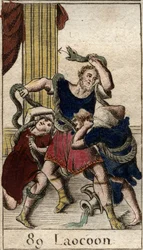 Laocoon Minerve soutenant les Grecs envoie les serpents de mer attaquer Laocoon qui avertit les habitants de Troie contre le cheval. Les serpents se jettent sur ses deux fils puis attaquent Laocoon.