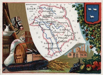 Le Cher (18), Centre, France. Série sur les départements français. Bière, orge, cuir, vin et couteaux. Chromolithographie « le fil géographique », vers 1920. Collection privée.