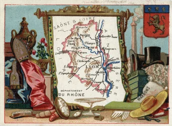 Le Rhône (69), Rhône-Alpes, France. Spécialité locale : soie, marron, dentelle. Série sur les départements français. Chromolithographie « le fil géographique », vers 1920. Collection privée.