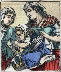 Lemuel Gulliver au Pays des Géants de Brobdingnag. Illustration pour "Les Voyages de Gulliver" de Jonathan Swift (1667-1745). Imagerie d