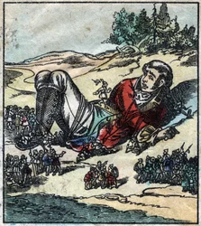 Lemuel Gulliver se réveille après son naufrage et est fait prisonnier par les Lilliputiens. Illustration pour « Les Voyages de Gulliver » de Jonathan Swift (1667-1745). Imagerie d