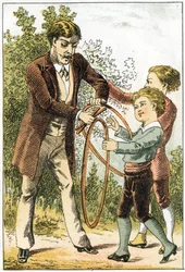 Léon et Lucien ont bien appris à lire et sont devenus de petits savants - leurs parents pour les récompenser leur ont acheté de jolis cerceaux - dans « Alphabet des petits savants », fin 19ème siècle (chromolithographie)