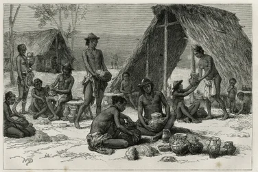 Les Indiens Galibis fabriquant de la poterie, gravure de D. Maillart, pour illustrer le voyage d