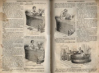 Les gestes du bain - Hygiène au 19e siècle - homme dans une baignoire - gravure dans « La Santé Universelle - Guide Médical des Familles » 1852