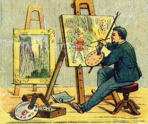 Lettre A : peintre dans son atelier. Gravure dans "ABC indéchirable sur toile vernie". A. Capendu, éditeur, Paris, fin du XIXe siècle. Librairie pour enfants illustrée. 8 pages. Dim : 21,5x18cm.