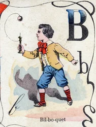 Lettre B : Bilboquet. Gravure dans "ABC des jouets pour petits garçons". Imagerie de Pont-à-Mousson, Louis Vagne, imprimeur-éditeur, fin XIXe siècle.