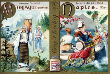 Lettre M comme Jeune Femme Morlac et N comme Femme du Peuple à Naples. Alphabet des femmes. Série de 12 images. Publicité Liebig