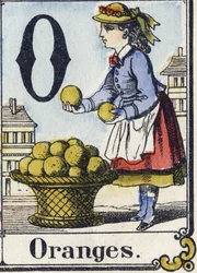 Lettre O : Oranges. Alphabet récréatif. Imagerie d
