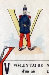 Lettre V comme volontaire. Alphabet militaire. Imagerie d