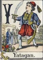 Lettre Y : Yatagan. Alphabet récréatif. Imagerie d
