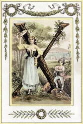 Lettre représentant une mère avec un tambourin et son fils en berger avec une cornemuse, fin 19e siècle (chromolithographie)