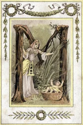 Lettre représentant une mère égyptienne trouvant un enfant abandonné (Moïse sauvé des eaux), fin 19e siècle (chromolithographie)