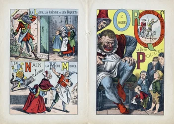 Lettres : L M N O P Q R S (page centrale double). Le loup, la chèvre et les biquets, La Mère Michel, Le Nain jaune, L