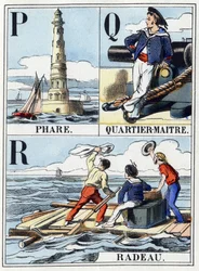 Lettres P comme phare, Q comme quartier-maître, R comme radeau. Abécédaire de la marine de 16 pages contenant un alphabet en lettres capitales. Imagerie d