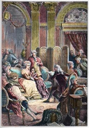 Salon littéraire - Lecture de "Paul et Virginie" par Jacques-Henri Bernardin de Saint-Pierre dans les salons de Madame Necker à Paris - aux côtés de Mme Necker son mari Jacques Necker et sa fille Germaine, plus tard, Mme de Staël
