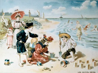 Petites pâtes : enfants jouant sur la plage avec du sable. Illustration du début du 20e siècle