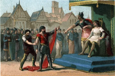 Louis Ier dit Le Débonnaire (814-840) fut dégradé et dépouillé par ses fils de ses titres impériaux. Chromolithographie vers 1890