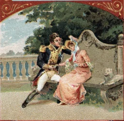 Louis Alexandre Berthier (1753-1815), Prince de Wagram, avec Madame Visconti, sa maîtresse, au Château de Grosbois. Chromolithographie de la fin du XIXe siècle