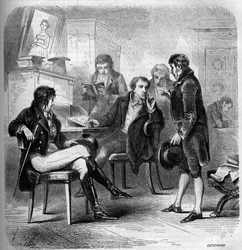 Louis Benoît (Louis-Benoît) Picard (1769-1828), écrivain et comédien français, représenté dans son atelier. Gravure de 1858.