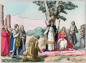 Louis IX, dit « Saint-Louis » (1214-1270) rend justice à tous ses sujets dans le Bois de Vincennes - Saint Louis (1214-1270) rend justice - Gravure de la fin du XIXe siècle dans « Nos Gloires Nationales - Images et récits »