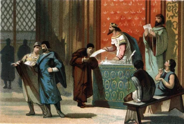 Louis VI dit Le Gros (1081-1137) a donné les chartes de poste des communes. Chromolithographie vers 1890