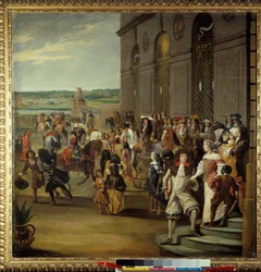 Louis XIV suivi du Grand Dauphin chevauchant devant la grotte de Thétis (Thetys) à Versailles. Le roi Louis XIV (1638-1715) et son fils Louis de France appelé le Grand Dauphin (1661-1711) devant la grotte de Thétis (Thetys) entourés de courtisans