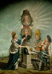 Louis XVI et son ministre des Finances Jacques Necker, admirés par les trois états de France, Aristocratie, Clergé et Bourgeoisie ...