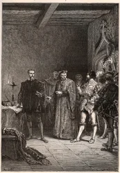 Louis de Berquin (1485-1529), chevalier et humaniste, réformateur religieux, libéré par Jean de la Barre (1523-1533) prévôt de Paris - Louis de Berquin (à gauche) libéré de prison par Jean de la Barre - gravure de « L