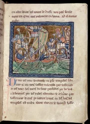 MS Marlay Add 1, fol. 86 : Page de texte avec une enluminure représentant une bataille navale, tirée de De Re Militari, vers 1270