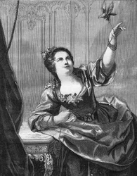 Madame du Favart, Justine du Ronceray (1727-1772) comédienne et chanteuse française, victime des avances de Maurice de Saxe. Gravure dans « L