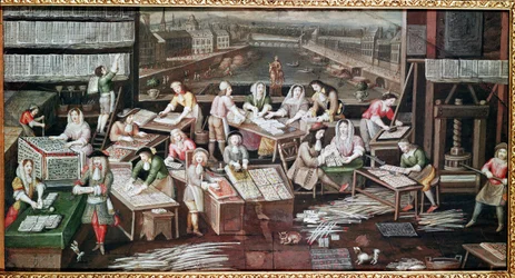Fabrication de cartes à jouer dans une maison de la place Dauphine (dessin pour un éventail, gouache sur papier, vers 1680)