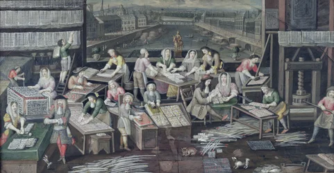 Fabrication de cartes à jouer dans une maison de la Place Dauphine, design pour un éventail, c.1680