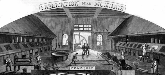 Fabrication de monnaie : fonderie. Gravure dans « Le Monde Illustré » n°145 du 21 janvier 1860
