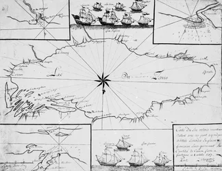 Carte du lac Ontario avec les flottes anglaise et française