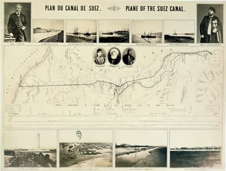 Carte du canal de Suez accompagnée de différentes vues et portraits de Ferdinand de Lesseps (1805-94) et d