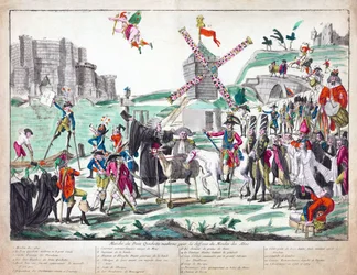 Marche du Dom Quichotte Moderne pour la Défense du Moulin des Abus, publiée en 1791 (eau-forte coloriée à la main)