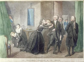 Marie-Antoinette (1755-1793) fait ses adieux à son fils le Dauphin, Louis-Charles de Bourbon (1785-1795) au Temple, 3 juillet 1793 (gravure en couleur)