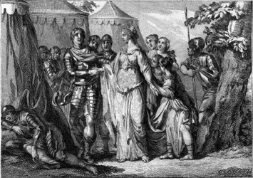 Mariage de Childéric Ier (vers 436-481 ou 482), roi des Francs Saliens, avec Basine de Thuringe (445-491), en 463. Gravure du XVIIIe siècle.