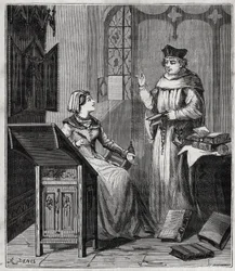 Matthieu Lansbert et sa nièce - Gravure dans « Les sciences à la portée de tous - physique et chimie » par Alexis Clerc - Fin 19e siècle - Collection privée