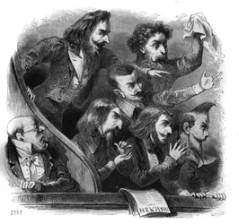 Membres du mouvement littéraire romantique assistant à la première représentation de la pièce de Victor Hugo « Hernani » (1802-1885) à la Comédie-Française à Paris, le 25 février