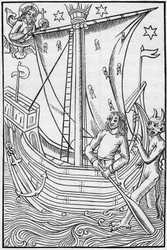 Navire marchand du Moyen Âge au milieu des périls de la mer. Gravure dans «La Marine et les colonies: commerce»